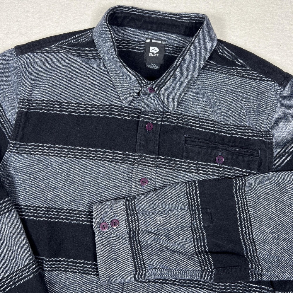 Rusty Men's L Heavyweight Flannel‎ Button Up Shirt Black Gray Striped